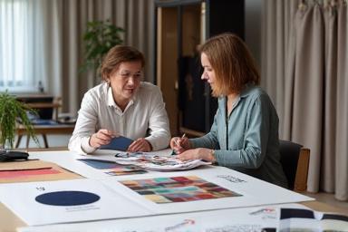Zwei Personen besprechen Stoffmuster und Farbkarten über einem Designtisch.